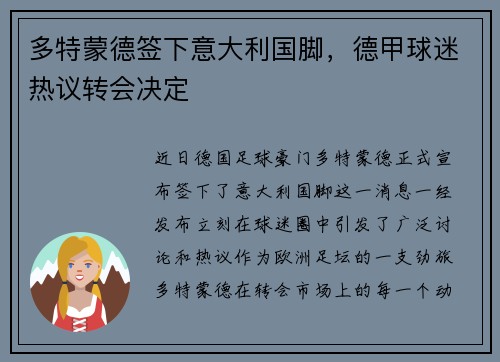 多特蒙德签下意大利国脚，德甲球迷热议转会决定