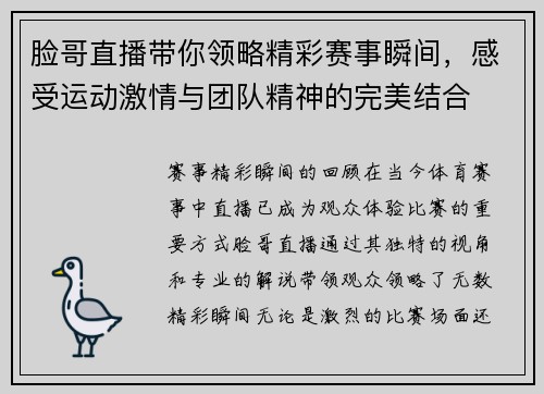 脸哥直播带你领略精彩赛事瞬间，感受运动激情与团队精神的完美结合