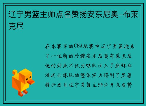 辽宁男篮主帅点名赞扬安东尼奥-布莱克尼